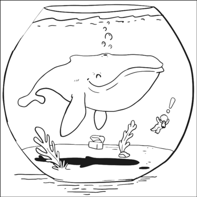Whale in a Fishbowl coloring page to paint online, black outlines on white background