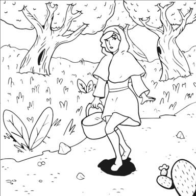 Little Red Riding Hood coloring page to paint online, black outlines on white background