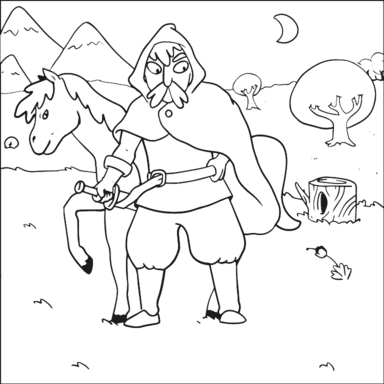 Traveler and Horse coloring page to paint online, black outlines on white background