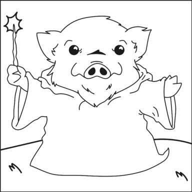 Wizard Piggy coloring page to paint online, black outlines on white background