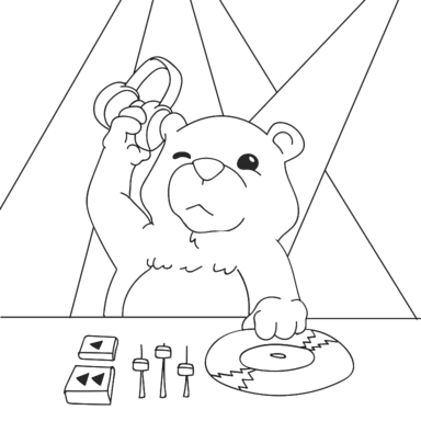 DJ Bear coloring page to paint online, black outlines on white background