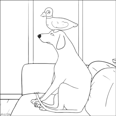 Dog and Duck coloring page to paint online, black outlines on white background