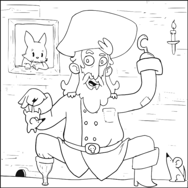 Pirate with Rats coloring page to paint online, black outlines on white background