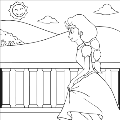 Princess coloring page to paint online, black outlines on white background