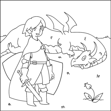 Prince and Dragon coloring page to paint online, black outlines on white background