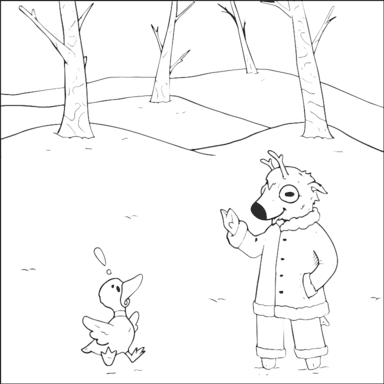 Reindeer and Duck in the Snow coloring page to paint online, black outlines on white background